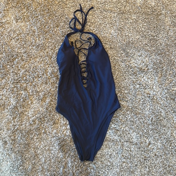 Aerie Maillot De Bain Navy Lace Up Deep Plunge Front One Piece size M - Picture 10 of 13